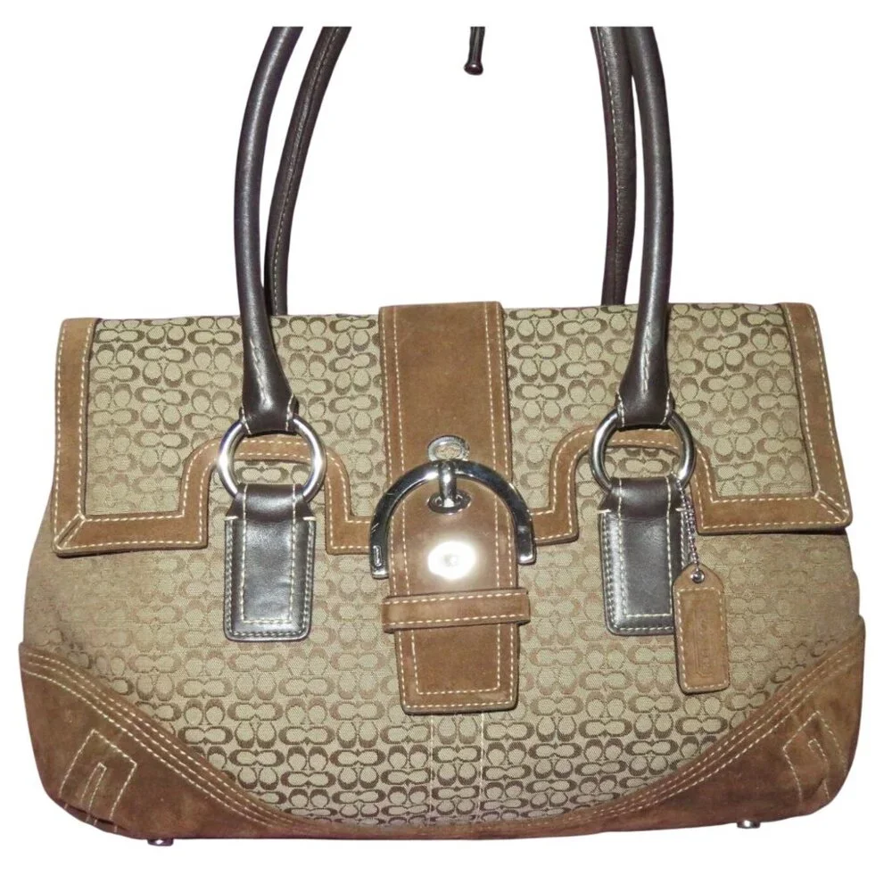 Coach 2005 Soho Canvas, Suede & Leather Trim Signature Buckle Flap Satchel